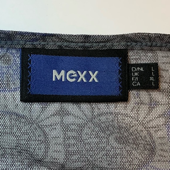 Sheer grey with black & blue pattern Mexx stretchy top. Sz L - Picture 6 of 8